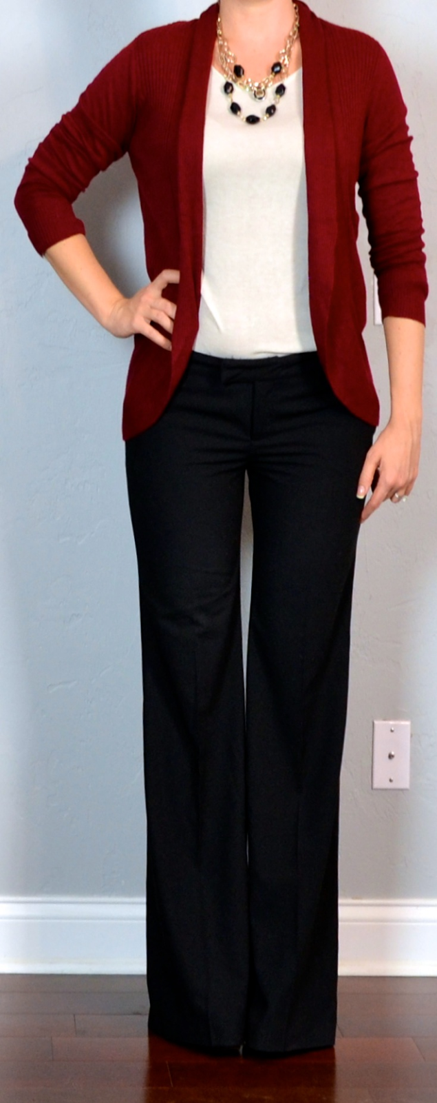 Outfit Posts: outfit post: burgundy/maroon cardigan, cream shirt, black ...