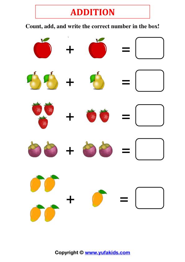 Addition 1-10: Count, Add, and Write the correct number in the box (1