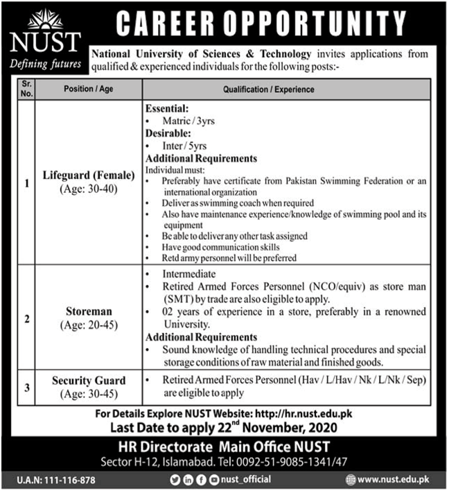 National University of Sciences and Technology NUST Latest Jobs in Pakistan - Download Job Application Form - hr.nust.edu.pk Jobs 2021