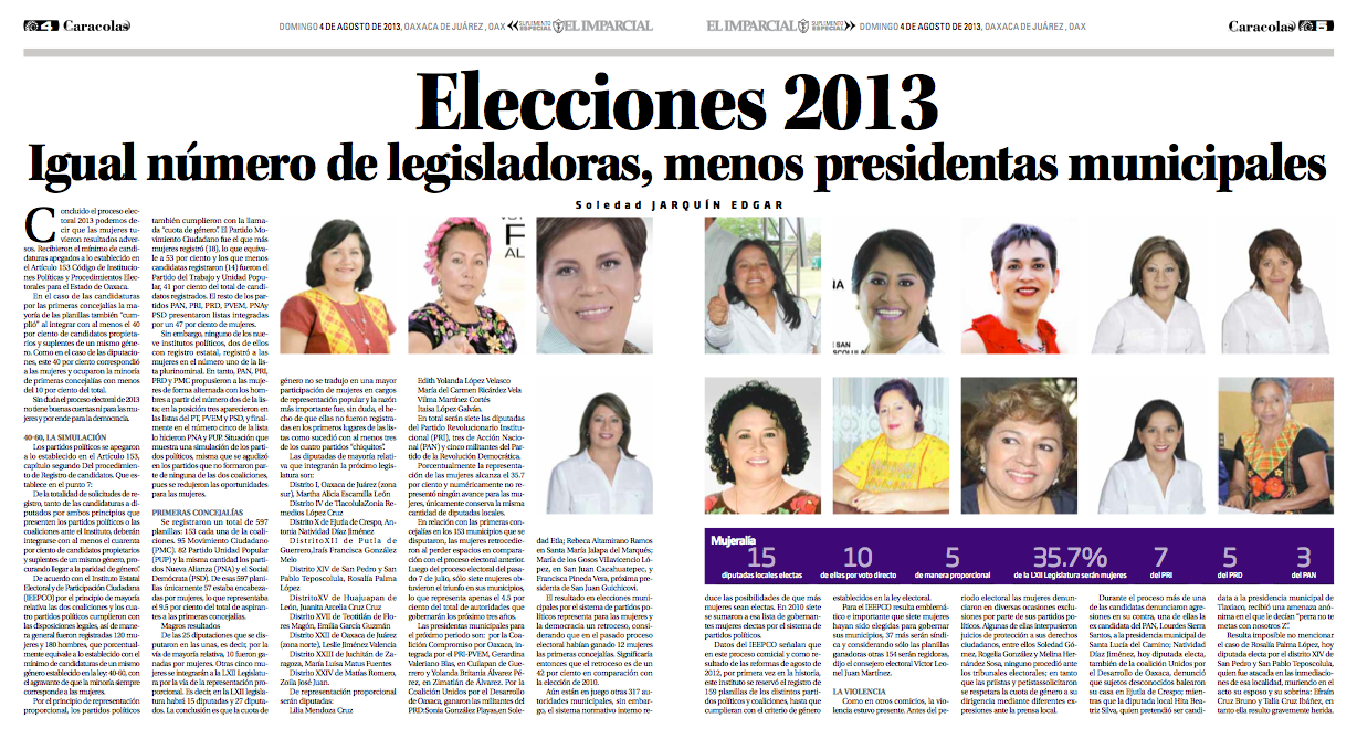 Las Caracolas Oaxaca Elecciones 2013 Igual número de legisladoras