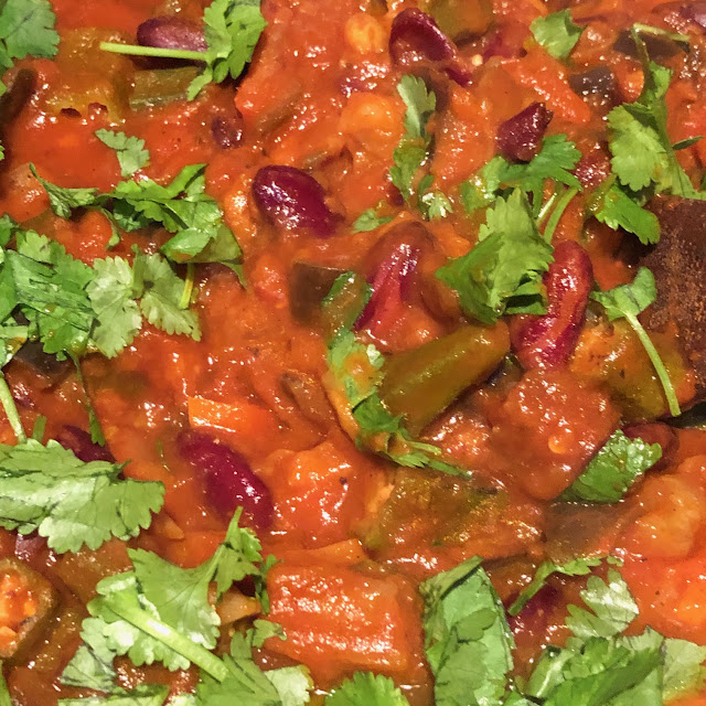 Chez Maximka Aubergine, okra and red kidney bean casserole