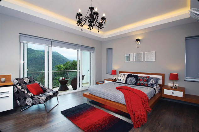 Элегантные спальни в красно-серых тонах фото