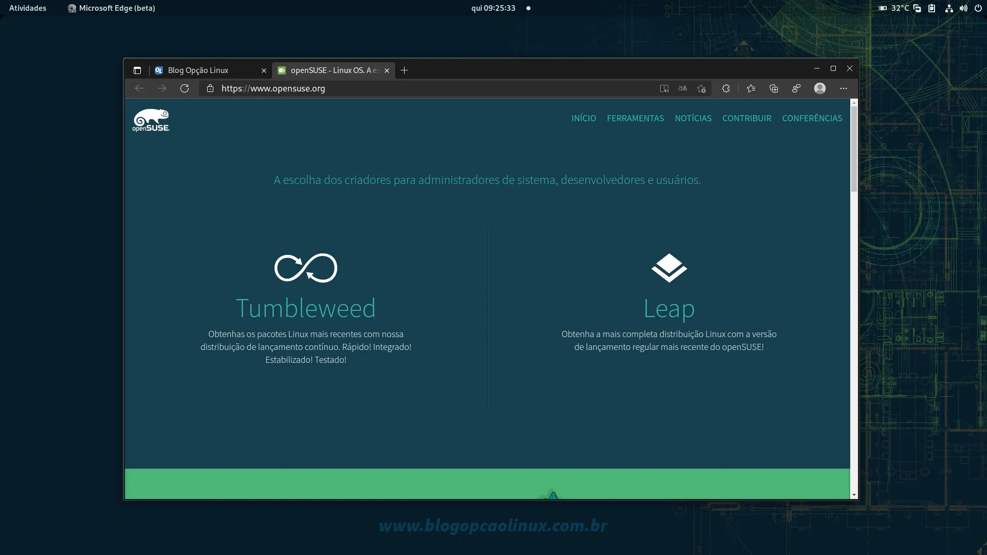 Navegador Microsoft Edge executando no openSUSE Tumbleweed