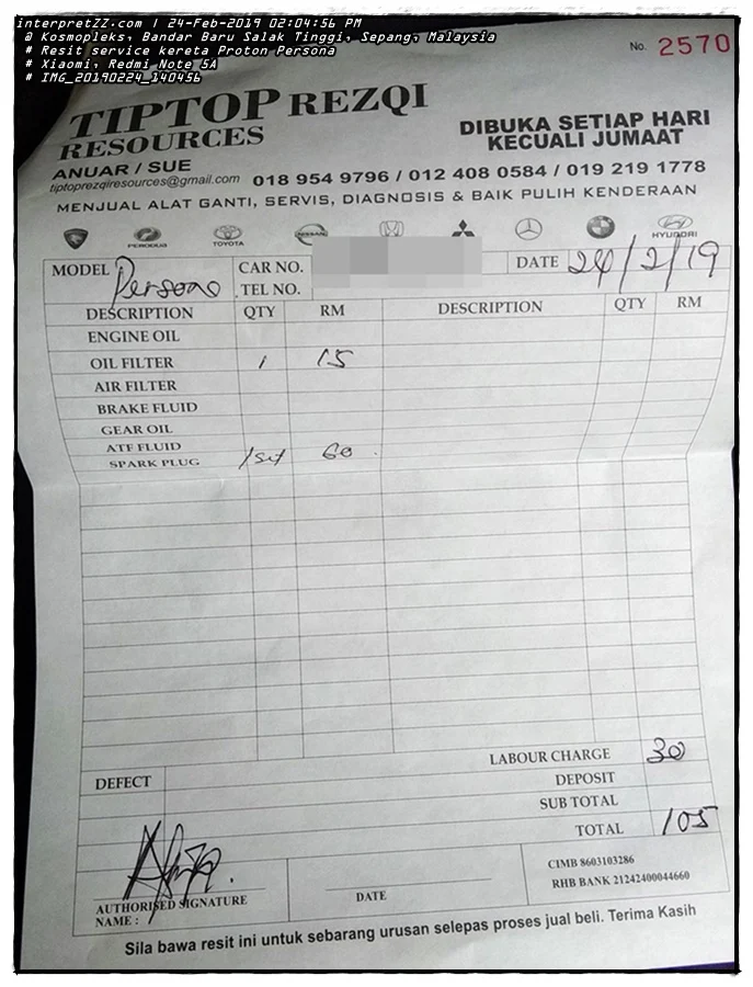 T19B24 Tukar Penapis Minyak dan Palam Pencucuh Proton Persona