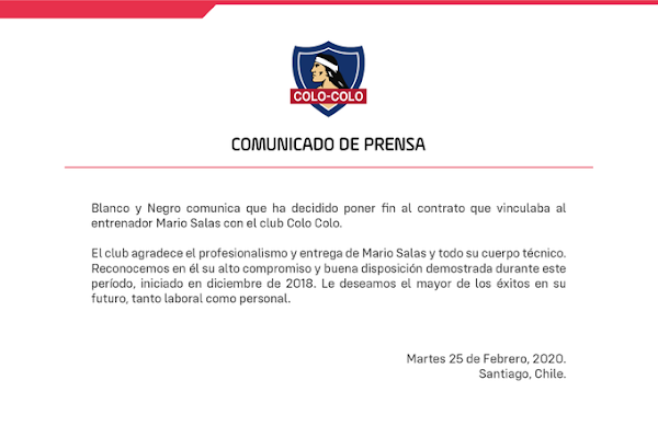 Oficial: Colo Colo, destituido Mario Salas