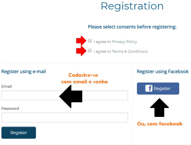 página de inscrição começar