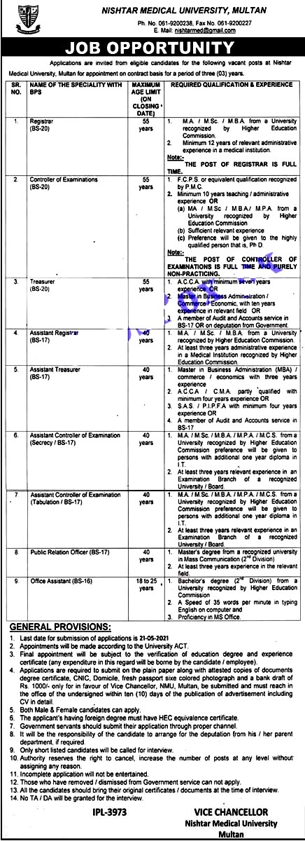 Latest Jobs in Nishtar Medical University Multan May 2021