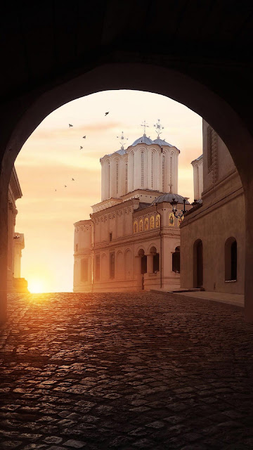 Temple, building, birds, sunset, sun, twilight sky wallpaper.