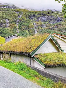 Sod roofs in Geiranger Norway