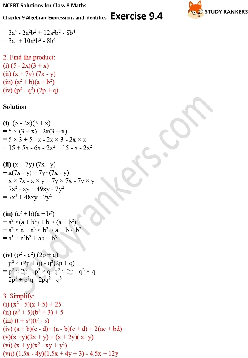 NCERT Solutions for Class 8 Maths Ch 9 Algebraic Expressions and Identities Exercise 9.4 2