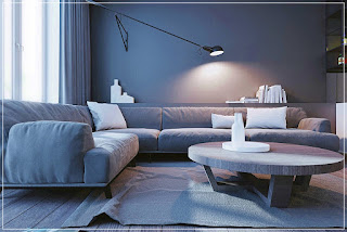 L sofa rundt salongbord lys grå stue