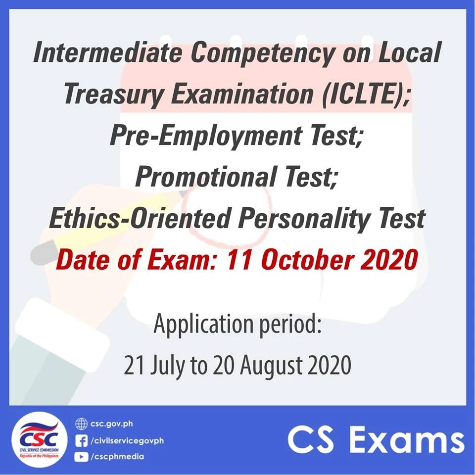 2020 Intermediate Competency on Local Treasury Examination (ICLTE), Pre-Employment Test, Promotional Test, and Ethics-Oriented Personality Test (EOPT) 2020 Intermediate Competency on Local Treasury Examination (ICLTE), Pre-Employment Test, Promotional Test, and Ethics-Oriented Personality Test (EOPT)