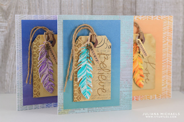 Watercolor Feathers Card Trio by Juliana Michaels featuring Momenta Art C Stamps, Dies and Embellishments