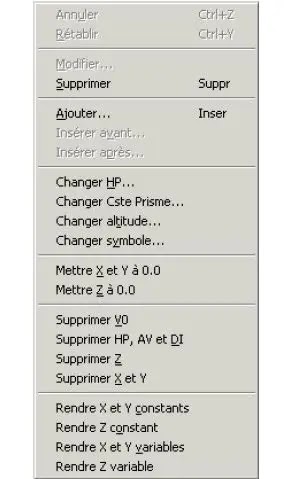 GeoBases editor, menu, Cov.  Calculations, menu bar, Geobase, station, reference, measurement, point, comment, point code, topographic, topometric calculations