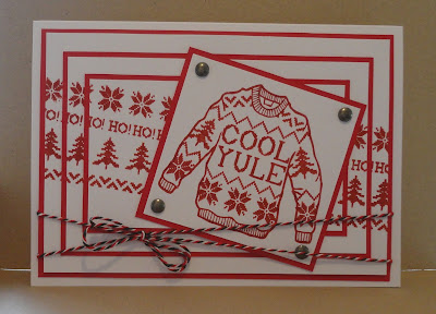 Red and white triple stamped Christmas Card with knitted jumper design