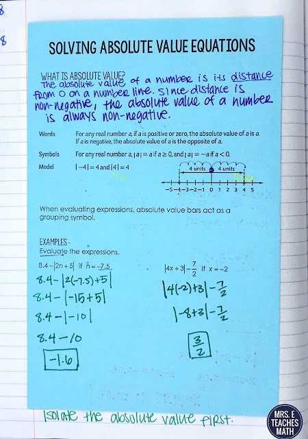 Absolute value equations and functions are such an important concept for algebra students.  These foldables and notes for interactive notebooks will help students keep their lessons organized. Some of the activities could be used as homework too.