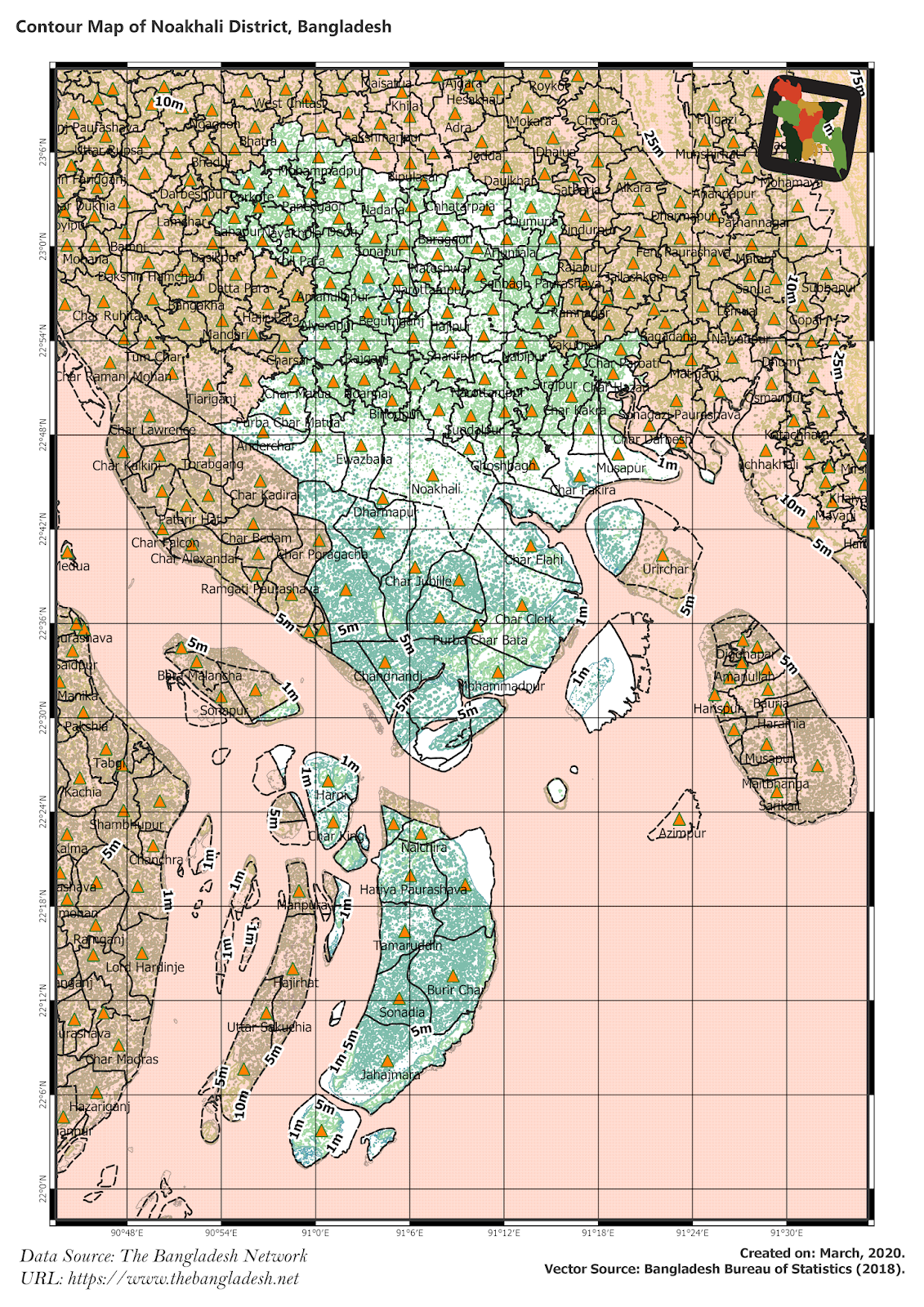 Elevation Map of Noakhali District of Bangladesh