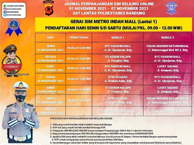 Jadwal Layanan SIM Keliling Polrestabes Bandung Bulan November 2021