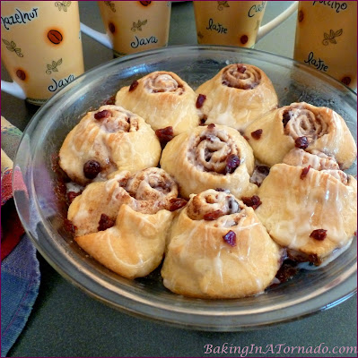 Cran-Apple Quick Cinnamon Rolls: A quick and easy cinnamon roll recipe incorporating Fall flavors. | Recipe developed by www.BakingInATornado.com | #recipe #breakfast