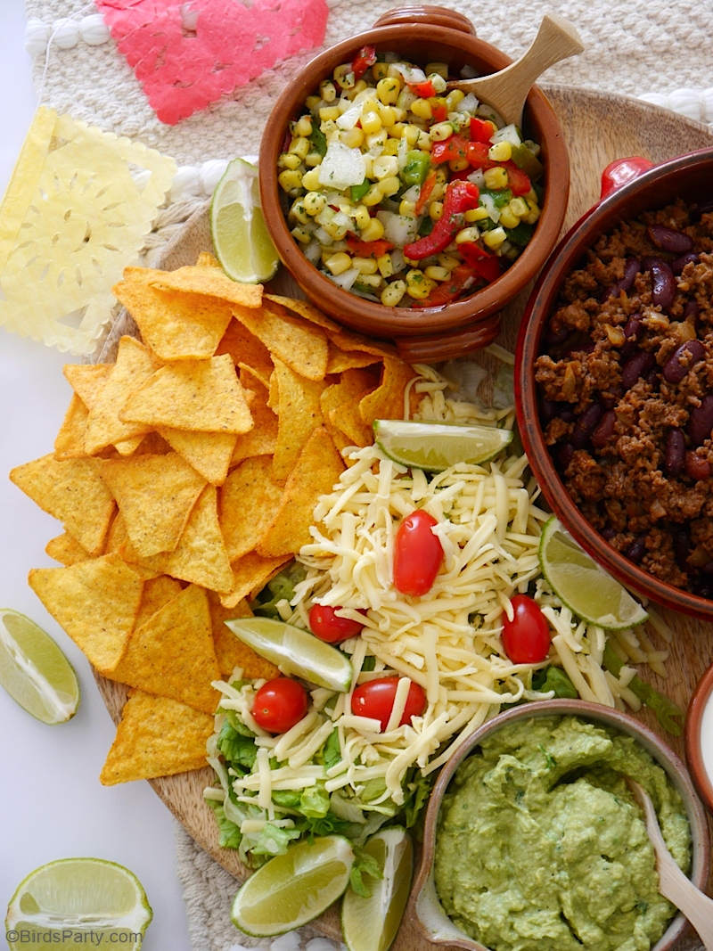 Ground Beef Taco Recipe and Taco Board - quick, easy and delicious to serve on Cinco de Mayo or any other celebration at home! by BirdsParty.com @birdsparty #recipe #tacos #groundbeef #beeftacos #cincodemayo #mexicanrecipe #tacoboard