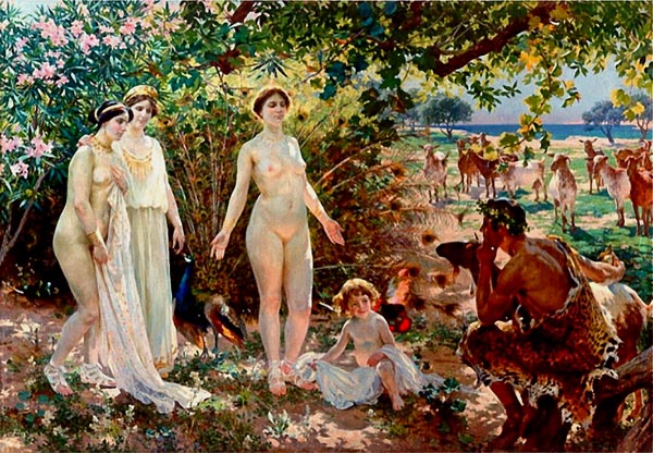 three women display themselves to a shepherd; two of them are naked. A herd of goats stands in the distance, and a naked toddler is seated on the ground in the midst of things