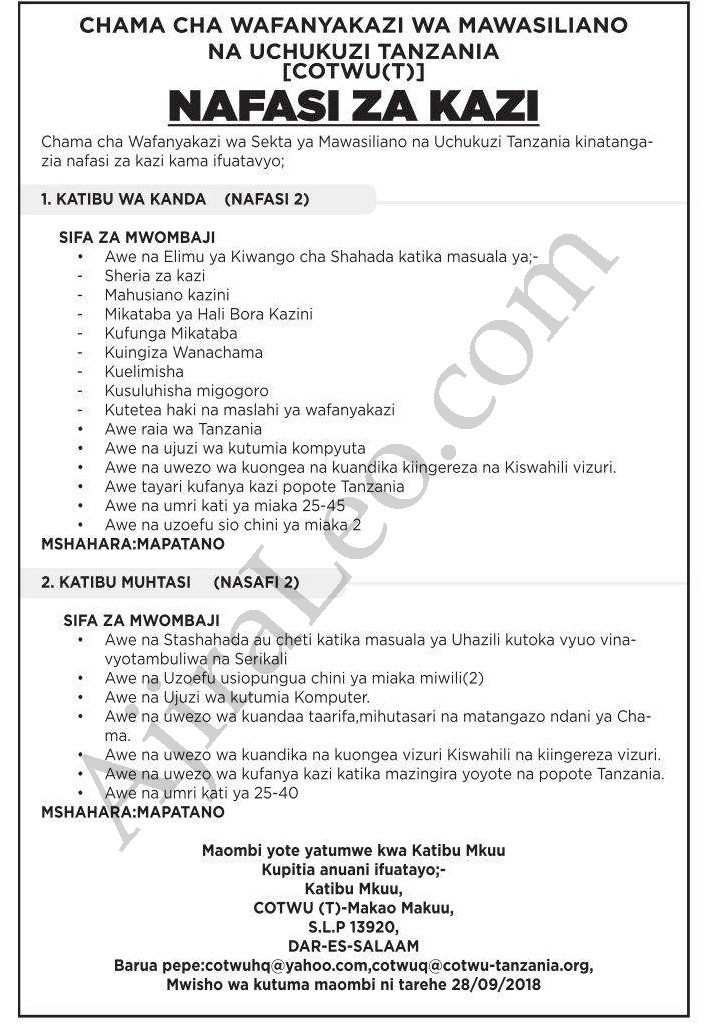 4 New Jobs at The Communication and Transport Workers Union of Tanzania