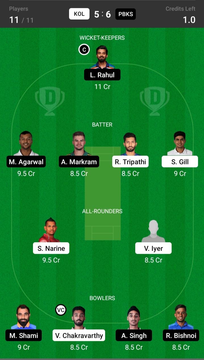 PBKS vs KKR deram11 team , Team 1 PBKS vs KKR deram11 team , Team 1