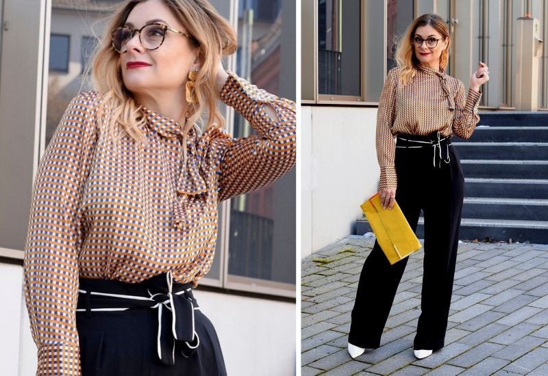 Schluppenbluse-Outfit-Bunt Schluppenbluse-Outfit-Bunt