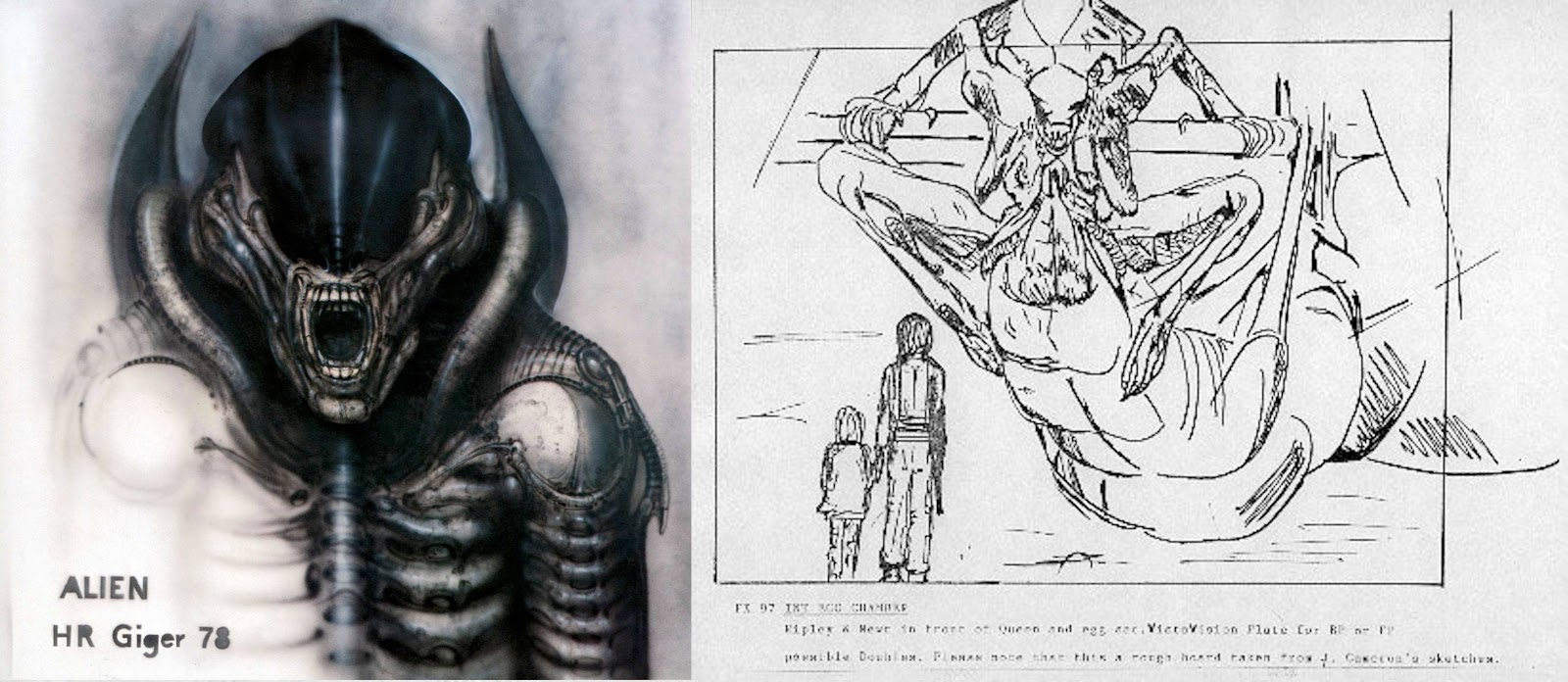 Alien Explorations: Aliens: storyboard showing Ripley and Newt first encountering the Alien Queen references HR Giger's Alien III stage III view of face (work 373) (1978) ?