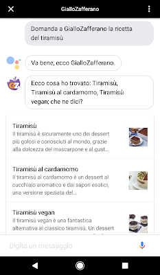 Schermata di smartphone con la chat di Assistant aperta con domande rivolte a Giallozafferano.