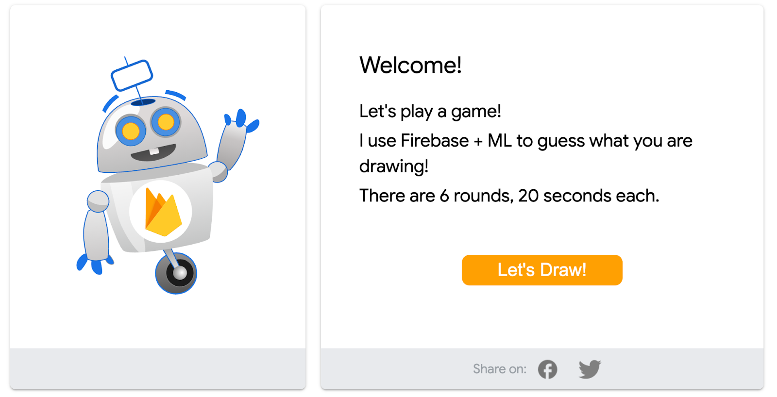 Image showing Firebase Quickdraw of a robot next to text saying Welcome let's play a game