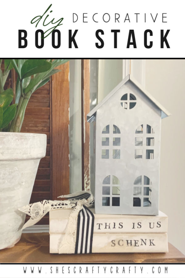 How to make a DIY Decorative Book Stack  |   use this simple tutorial to make a distressed\stamped book stack for your home decor  |   She's Crafty
