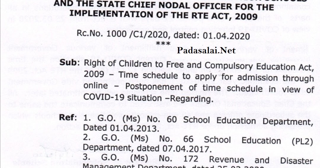 RTE 2020 - 21 Academic Year Admission Schedule Postponed ...