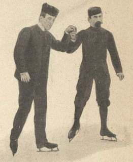 An image of same-sex figure skating, as performed during the late 19th and early 20th century in figure skating competitions