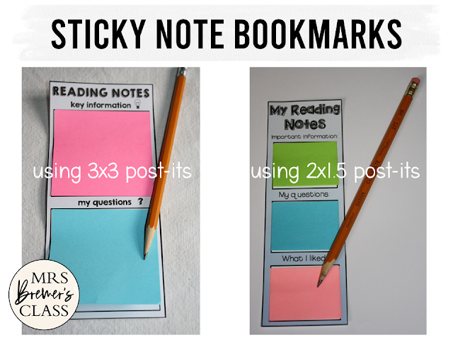 Sticky note bookmarks for student notes during reading in First Grade, Second Grade, Third Grade, Fourth Grade