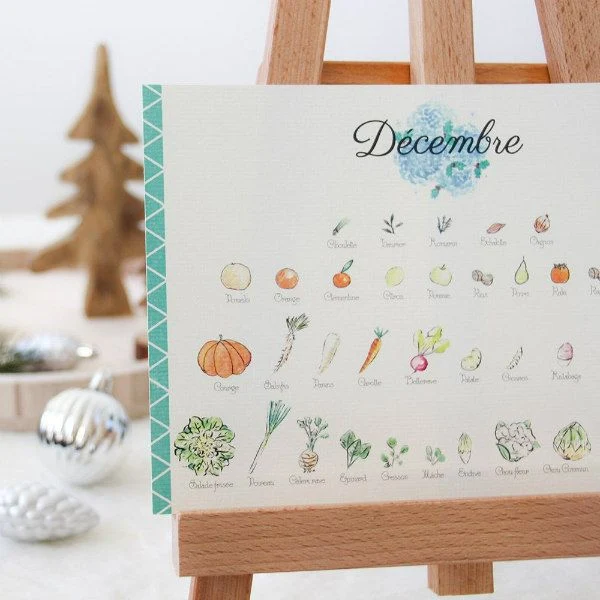 perpetual calendar with watercolor illustrations of French fruits and vegetables