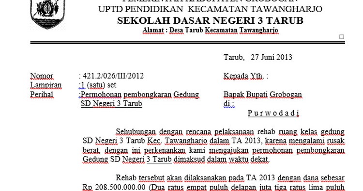 Surat Permohonan Bangunan Sekolah Klewer W