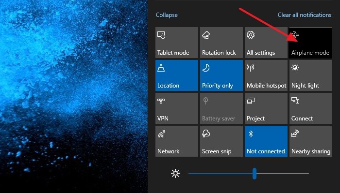 Режим полета отображается серым цветом в Windows 10