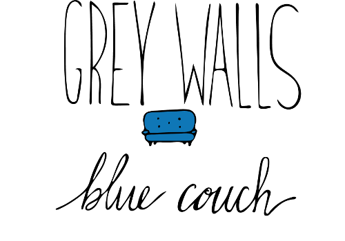 grey walls  blue couch