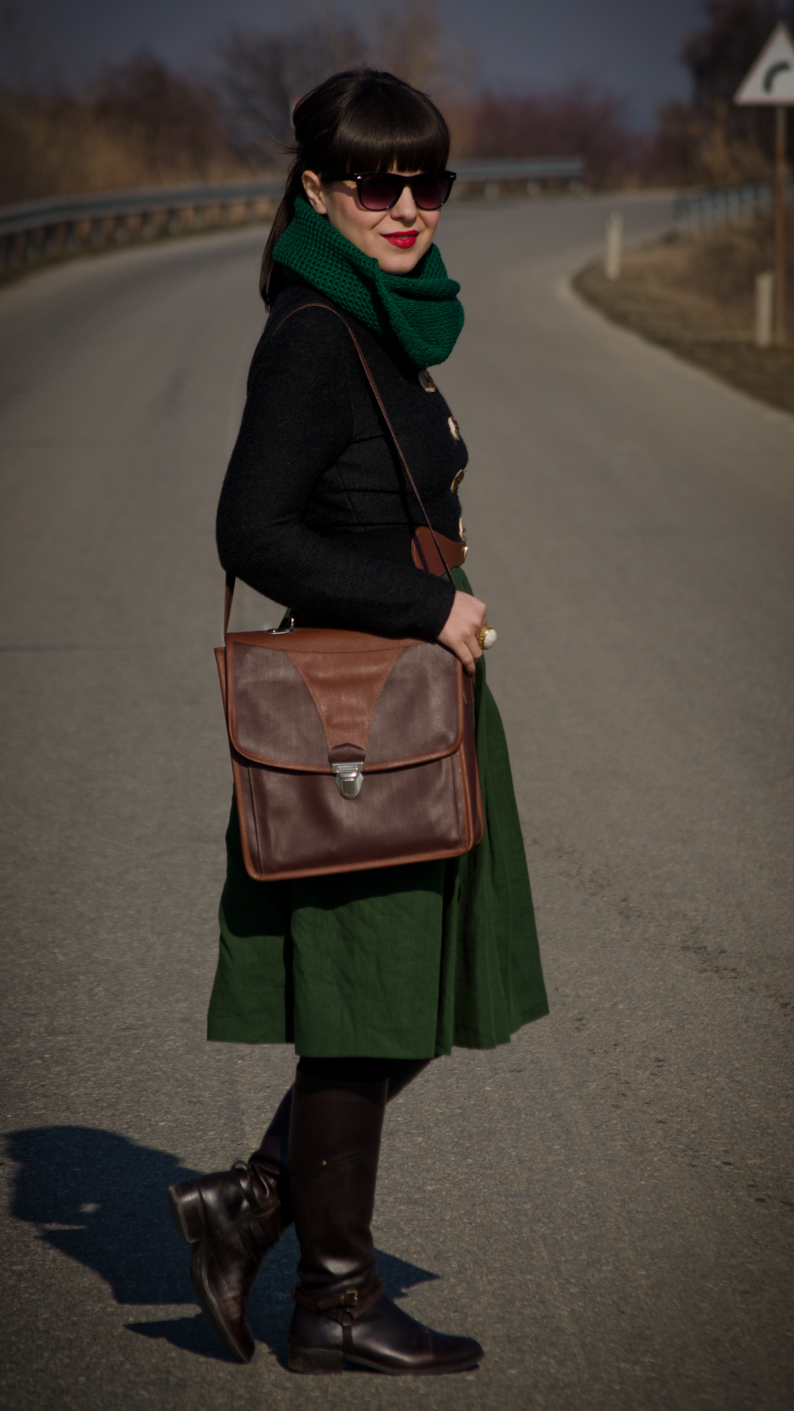 khaki midi dress thrifted brown boots green scarf army green outfit brown satchel bag