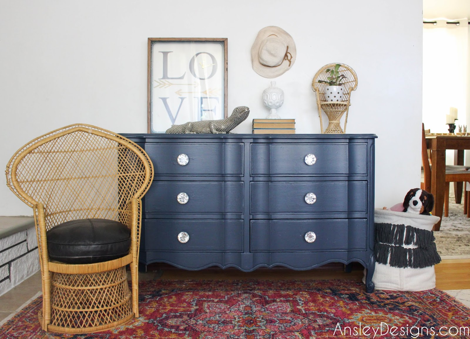 Ansley Designs Navy Blue French Provincial Dresser With Crystal Knobs