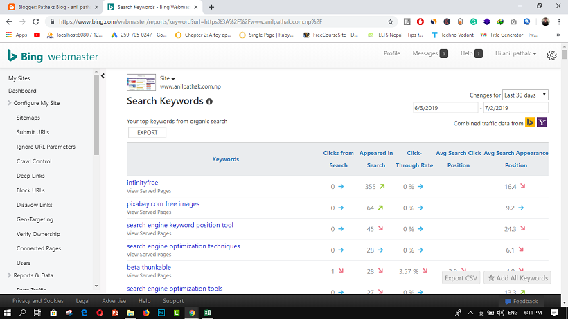 Keyword Ranking For Website - Bing Webmaster Tool