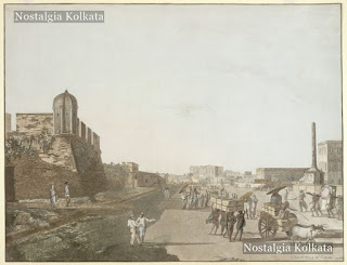 View of Clive Street, eastern wall of old Fort William, Hollwell's Monument erected to the memory of the 'Black Hole' survivors in 1756 and the Theatre built by public subscription, Calcutta, 1786