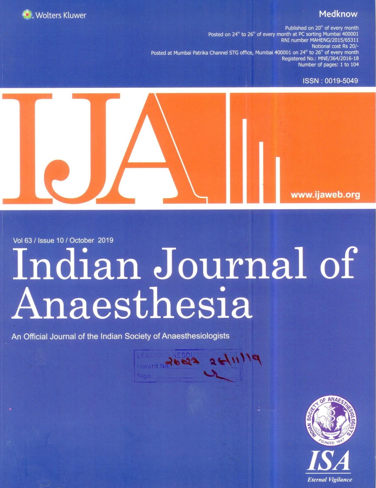 http://www.ijaweb.org/showBackIssue.asp?issn=0019-5049;year=2019;volume=63;issue=10;month=October