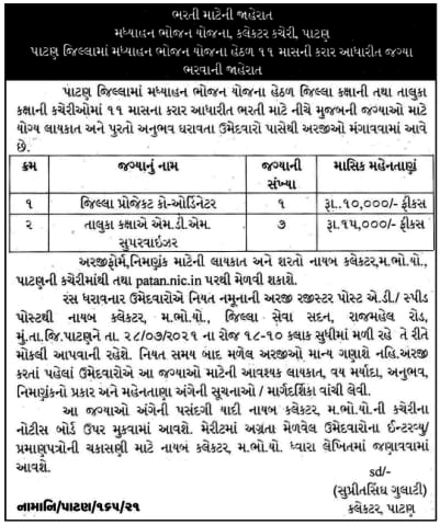 08 post -Collectorate District Under Mid Day Meal Scheme Patan Recruitment 2021