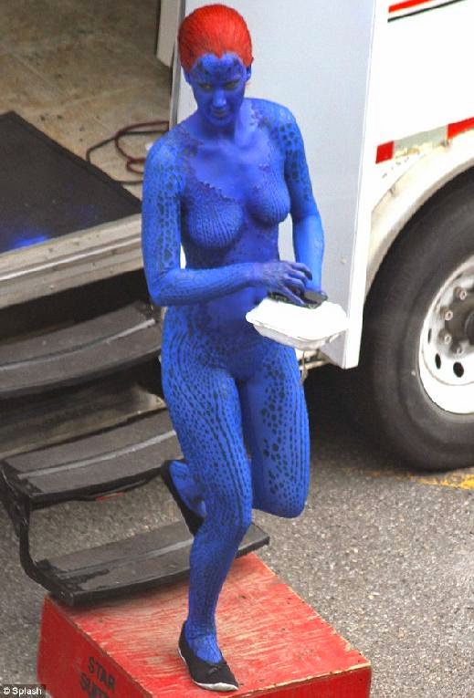 Jennifer Lawrence tucks into a meal in full Mystique body paint on