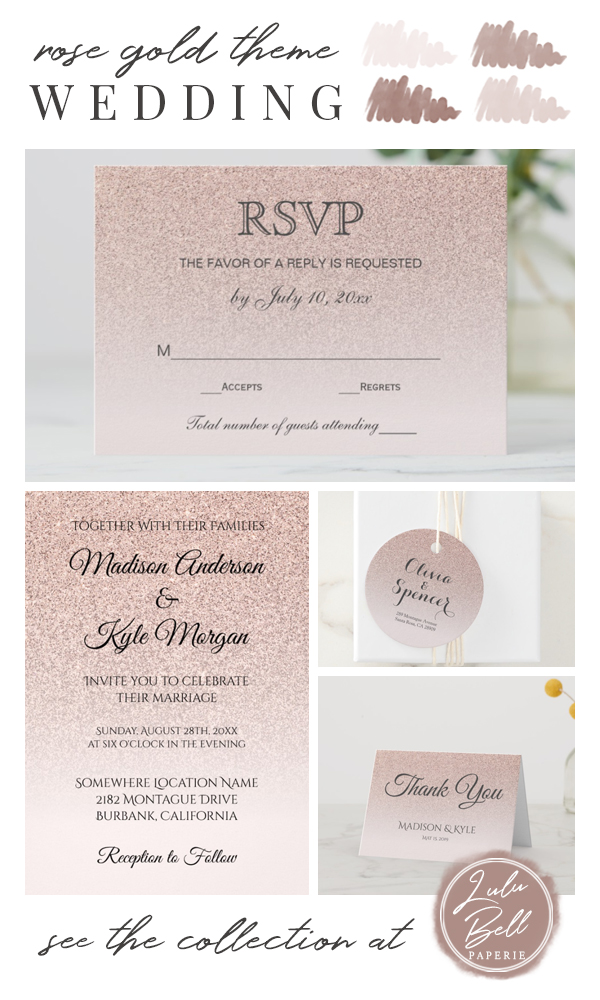 Trendy Rose Gold Glitter Script Wedding Invitation Suite