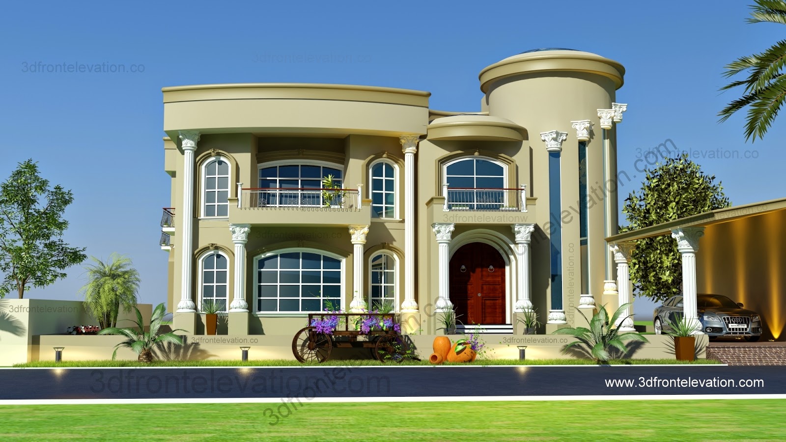  3D  Front Elevation com Beautiful Modern Villa  Design  2019 