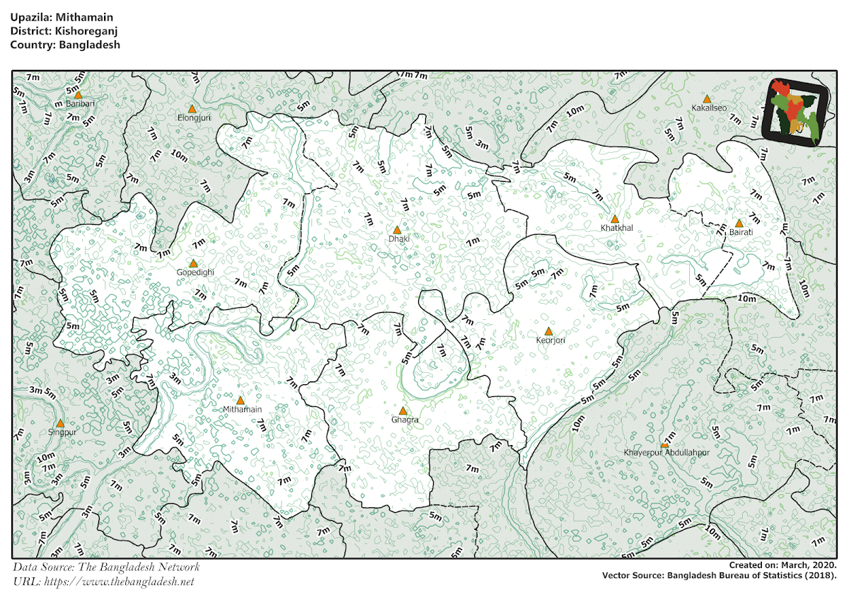 Mithamain Upazila Elevation Map Kishoreganj District Bangladesh