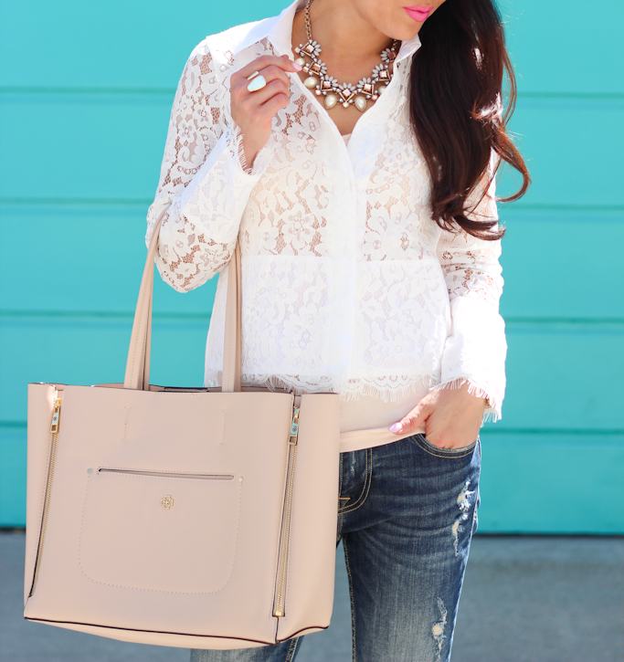 Sheinside white lapel hollow crop lace blouse Vigoss distressed skinny jeans Ily Couture crystal pearl burst necklace white with pink ribbon straw fedora hat Ann Taylor pebbled signature tote BP luminate sandals